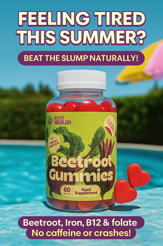 RootNourish™ Beetroot Gummies bottle by a pool with bold text promoting natural summer energy support using beetroot, iron, B12, and folate.