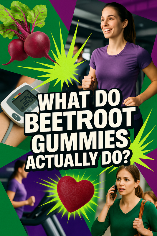 Beetroot gummies for energy, circulation, and heart health shown in a vibrant collage with a woman exercising, heart-shaped gummy, beetroot, blood pressure monitor, and busy lifestyle visuals — supporting iron, vitamin B12, and folate benefits